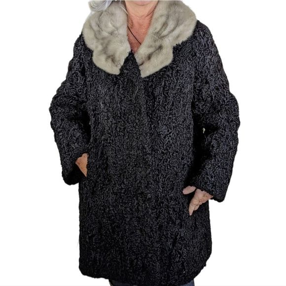 Vintage Jackets & Blazers - Vintage Black 50s Persian Lamb Karakul Gray Mink Collar Fur Coat Size Large